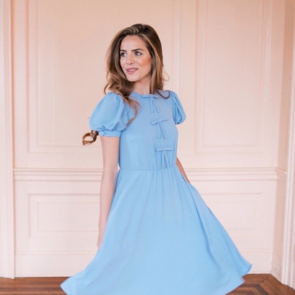 Gal Meets Glam Ellie Crepe Puff Sleeve Bow Dress Blue